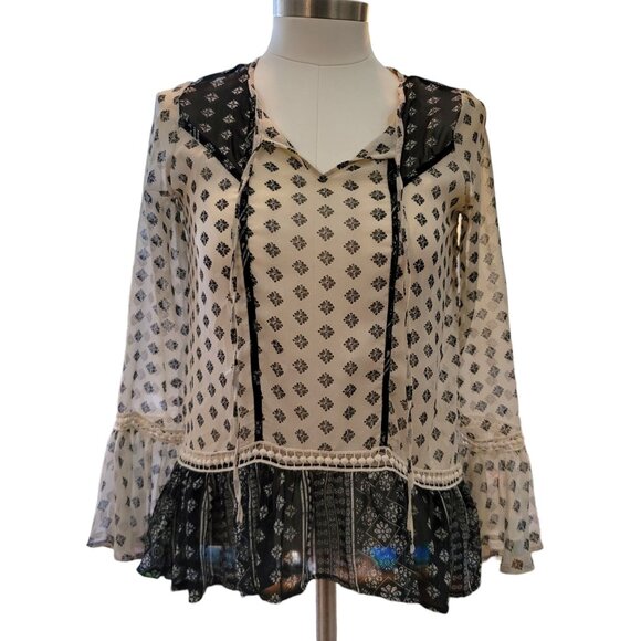 Boho Sheer Blouse Womens Size Small Black White Print Flowy Long Sleeve JJ3488 - Picture 1 of 8